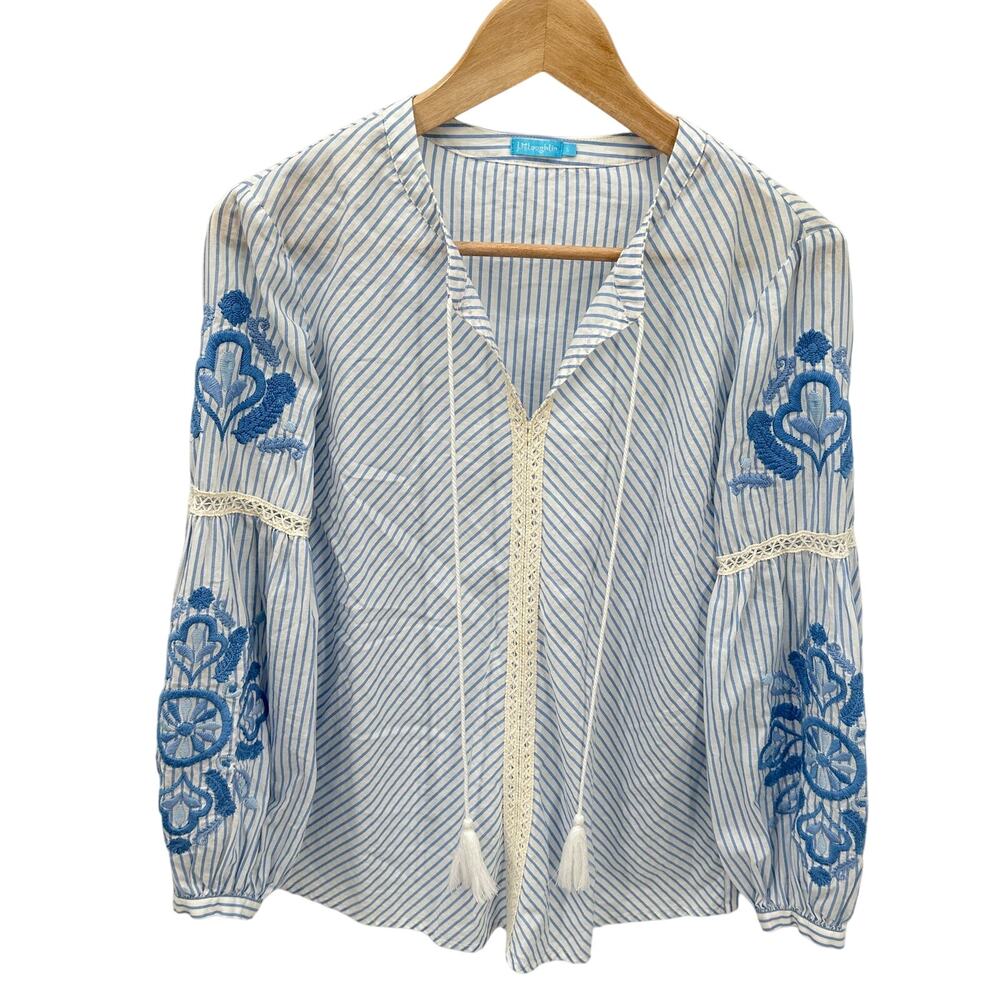 J. MCLAUGHLIN Embroidered Striped Cotton Linen Long Sleeve Blouse // S